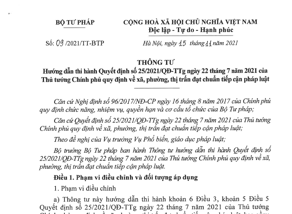 Bộ trưởng Bộ Tư pháp ban hành Thông tư hướng dẫn thi hành Quyết định số 25/2021/QĐ-TTg ngày 22/7/2021 của Thủ tướng Chính phủ quy định về xã, phường, thị trấn đạt chuẩn tiếp cận pháp luật